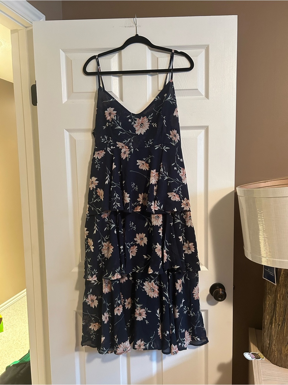 APRICOT Navy Floral Tiered Dress with Peach Blooms